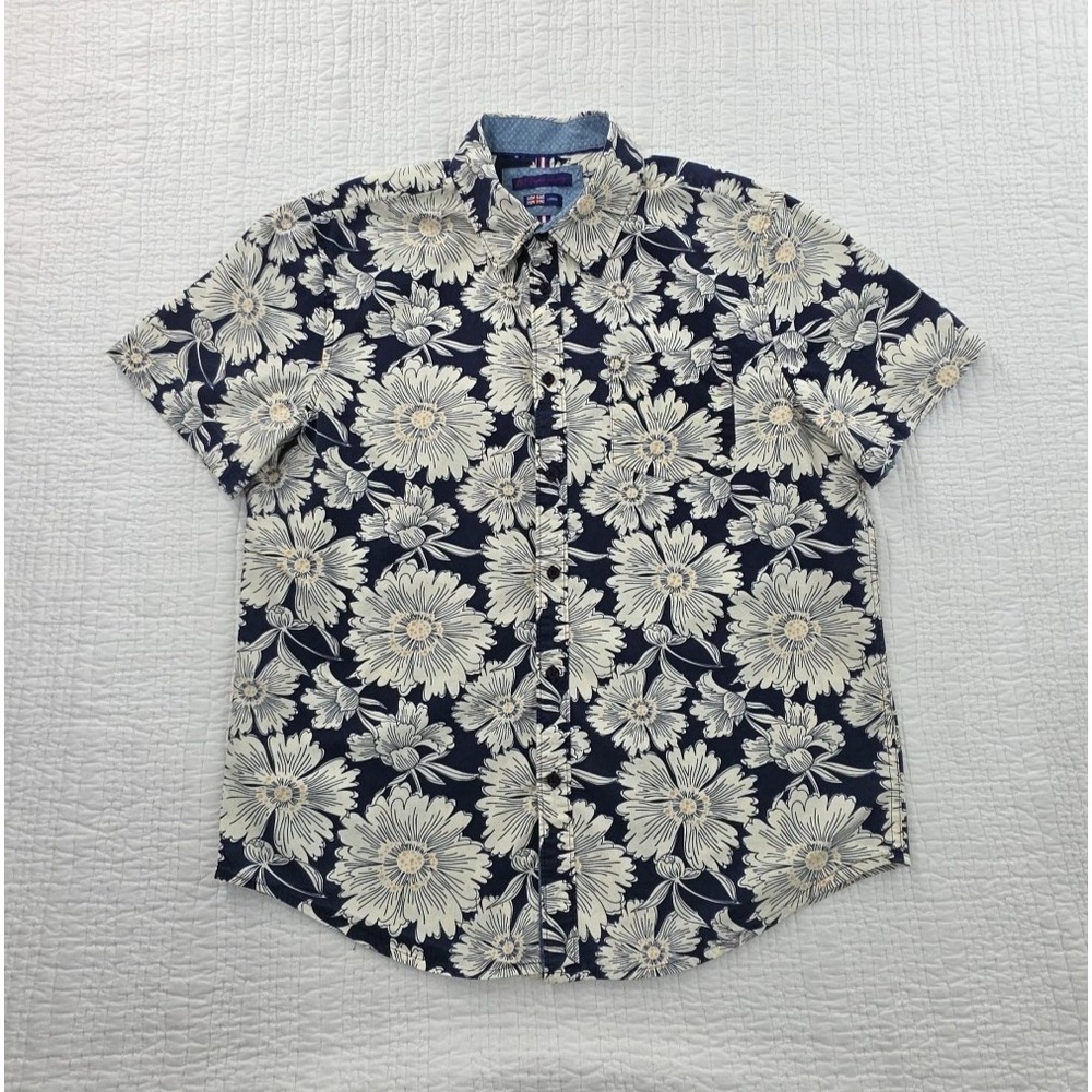 English Laundry Hawaiian Shirt Mens Large Navy Blue White Floral Well Made
